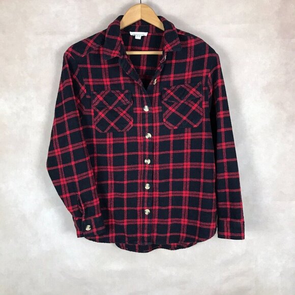 Beach Lunch Lounge Women's Black/Red Flannel Button Down Shirt - Picture 1 of 6